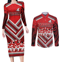 Custom Tonga Rugby Couples Matching Long Sleeve Bodycon Dress and Long Sleeve Button Shirt Tonga Sipi Tau Ngatu Tribal Pattern LT9 Red - Polynesian Pride