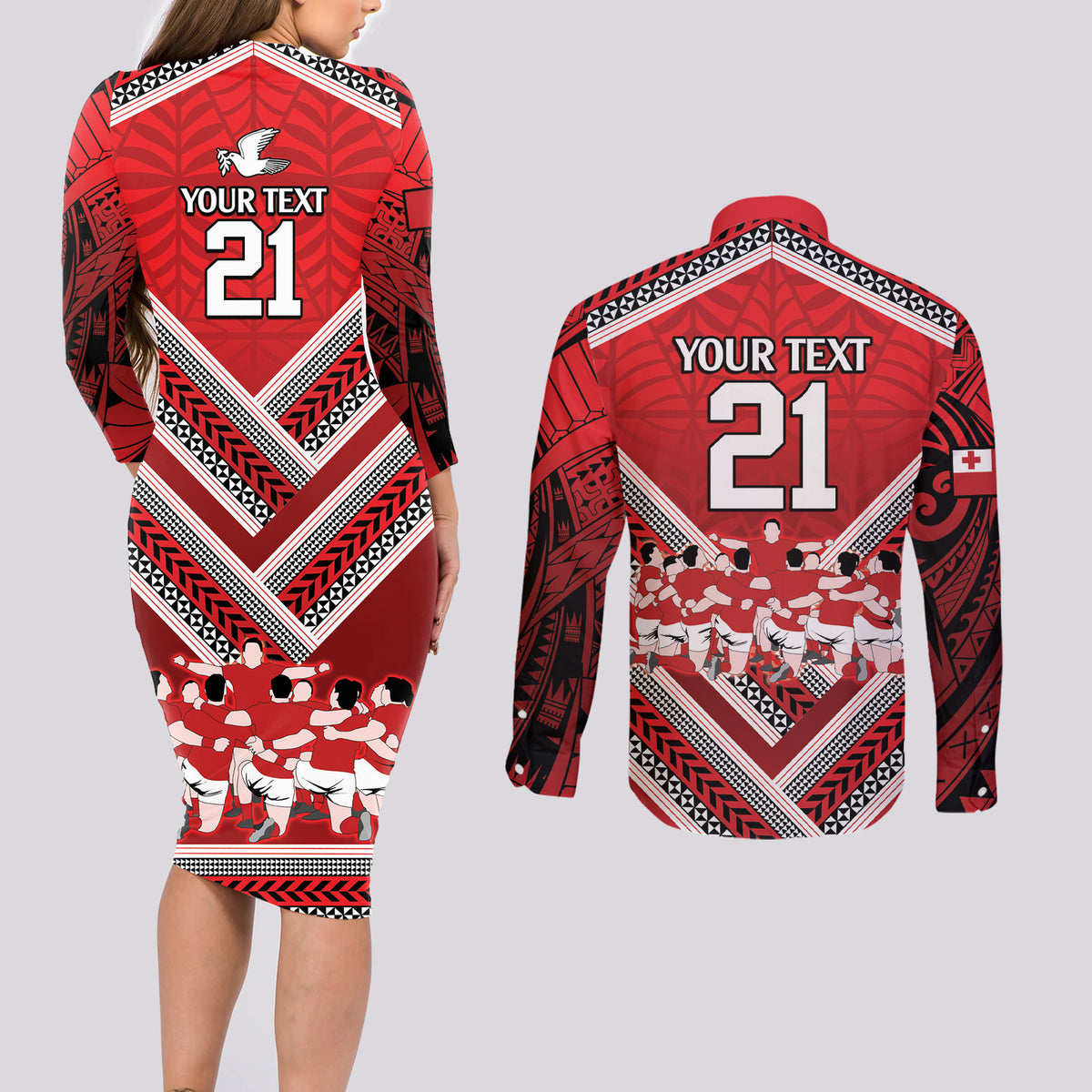 Custom Tonga Rugby Couples Matching Long Sleeve Bodycon Dress and Long Sleeve Button Shirt Tonga Sipi Tau Ngatu Tribal Pattern LT9 - Polynesian Pride