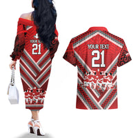 Custom Tonga Rugby Couples Matching Off The Shoulder Long Sleeve Dress and Hawaiian Shirt Tonga Sipi Tau Ngatu Tribal Pattern LT9 - Polynesian Pride