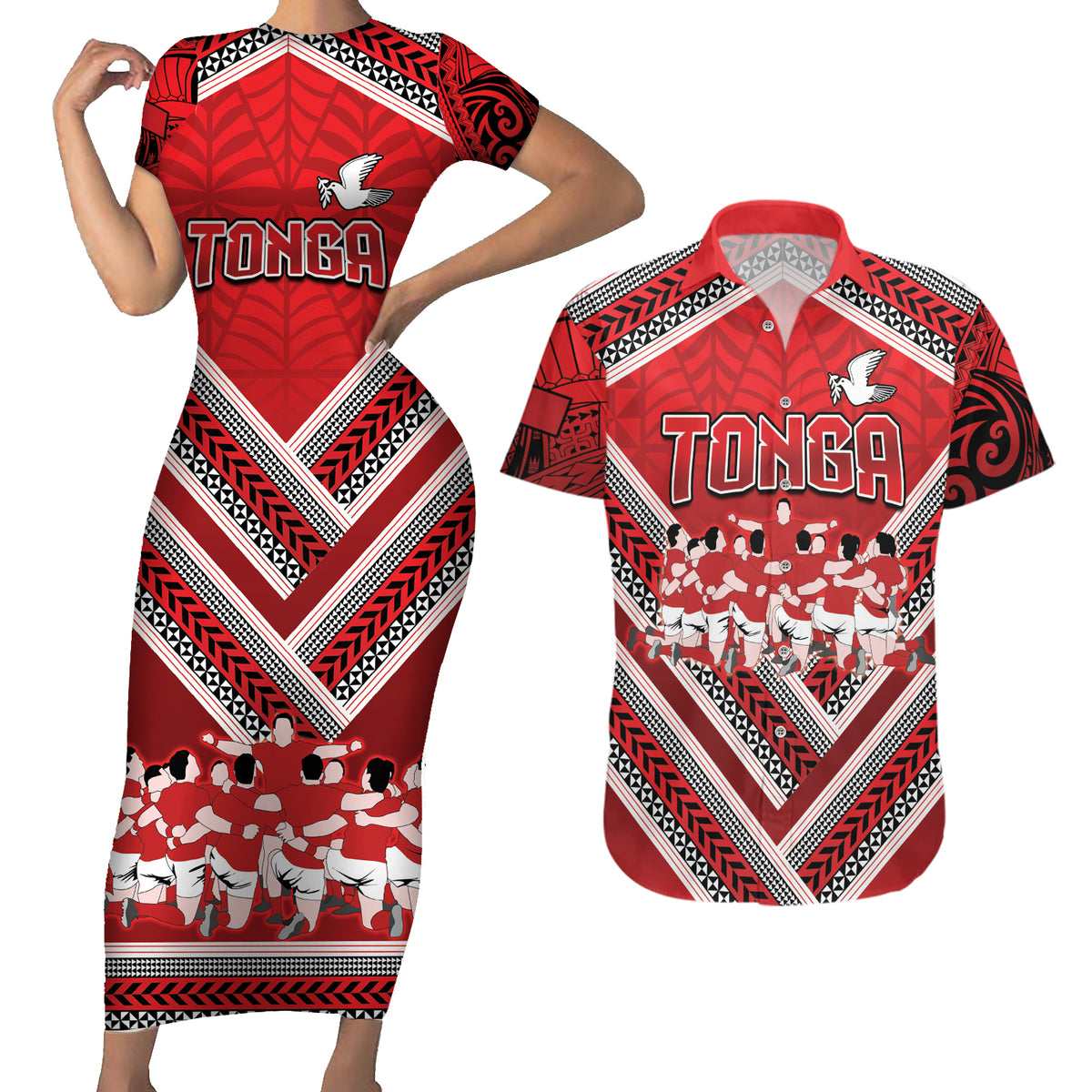 Custom Tonga Rugby Couples Matching Short Sleeve Bodycon Dress and Hawaiian Shirt Tonga Sipi Tau Ngatu Tribal Pattern LT9 Red - Polynesian Pride