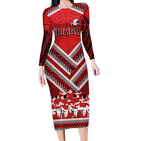 Custom Tonga Rugby Family Matching Long Sleeve Bodycon Dress and Hawaiian Shirt Tonga Sipi Tau Ngatu Tribal Pattern LT9 Mom's Dress Red - Polynesian Pride
