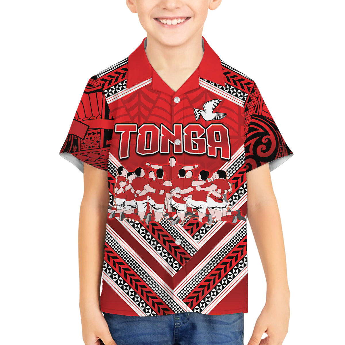 Custom Tonga Rugby Family Matching Long Sleeve Bodycon Dress and Hawaiian Shirt Tonga Sipi Tau Ngatu Tribal Pattern LT9 Son's Shirt Red - Polynesian Pride