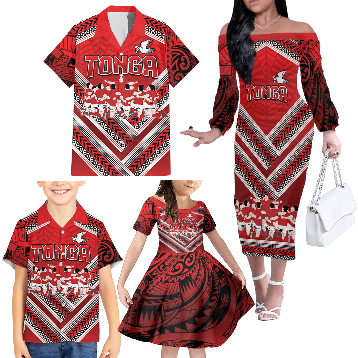 Custom Tonga Rugby Family Matching Off The Shoulder Long Sleeve Dress and Hawaiian Shirt Tonga Sipi Tau Ngatu Tribal Pattern LT9 - Polynesian Pride