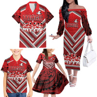 Custom Tonga Rugby Family Matching Off The Shoulder Long Sleeve Dress and Hawaiian Shirt Tonga Sipi Tau Ngatu Tribal Pattern LT9 - Polynesian Pride