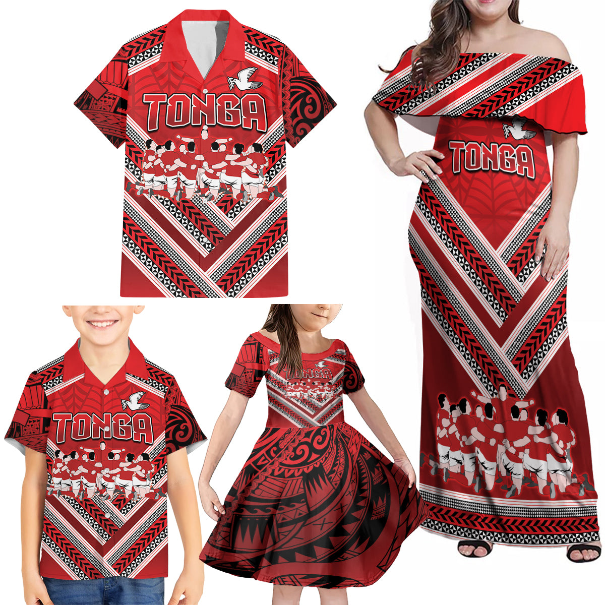 Custom Tonga Rugby Family Matching Off Shoulder Maxi Dress and Hawaiian Shirt Tonga Sipi Tau Ngatu Tribal Pattern LT9 - Polynesian Pride