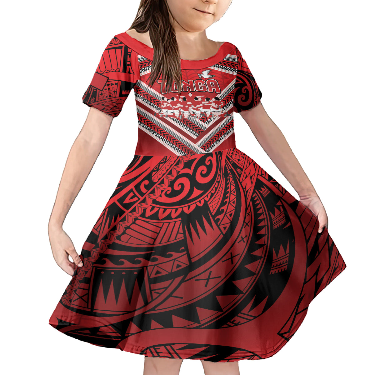 Custom Tonga Rugby Family Matching Off Shoulder Short Dress and Hawaiian Shirt Tonga Sipi Tau Ngatu Tribal Pattern LT9 Daughter's Dress Red - Polynesian Pride