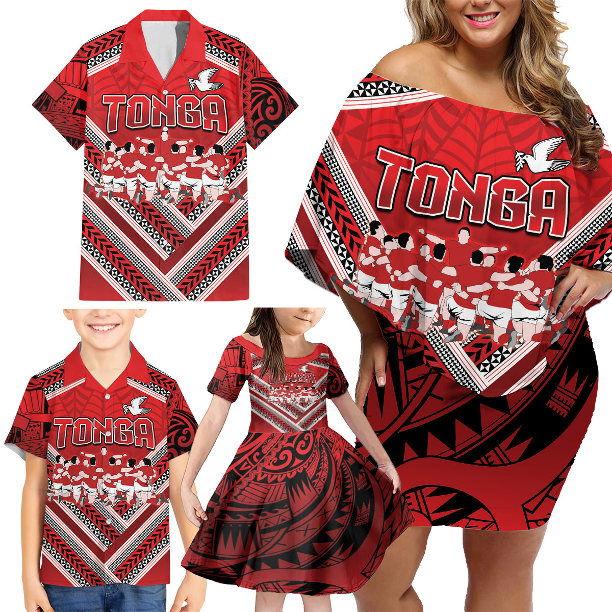 Custom Tonga Rugby Family Matching Off Shoulder Short Dress and Hawaiian Shirt Tonga Sipi Tau Ngatu Tribal Pattern LT9 - Polynesian Pride