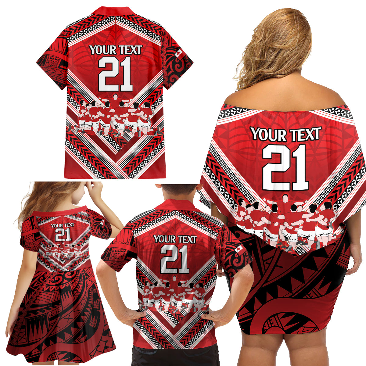 Custom Tonga Rugby Family Matching Off Shoulder Short Dress and Hawaiian Shirt Tonga Sipi Tau Ngatu Tribal Pattern LT9 - Polynesian Pride