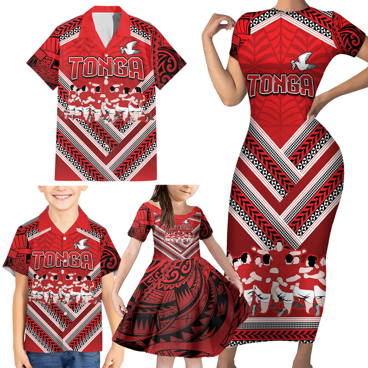 Custom Tonga Rugby Family Matching Short Sleeve Bodycon Dress and Hawaiian Shirt Tonga Sipi Tau Ngatu Tribal Pattern LT9 - Polynesian Pride