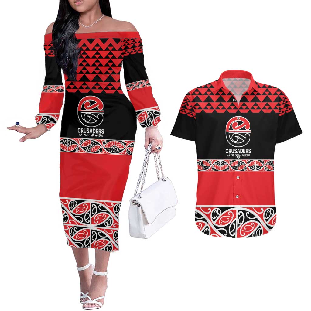 New Zealand Rugby Pacific Custom Couples Matching Off The Shoulder Long Sleeve Dress and Hawaiian Shirt Whatumoana Maori Kowhaiwhai Pattern