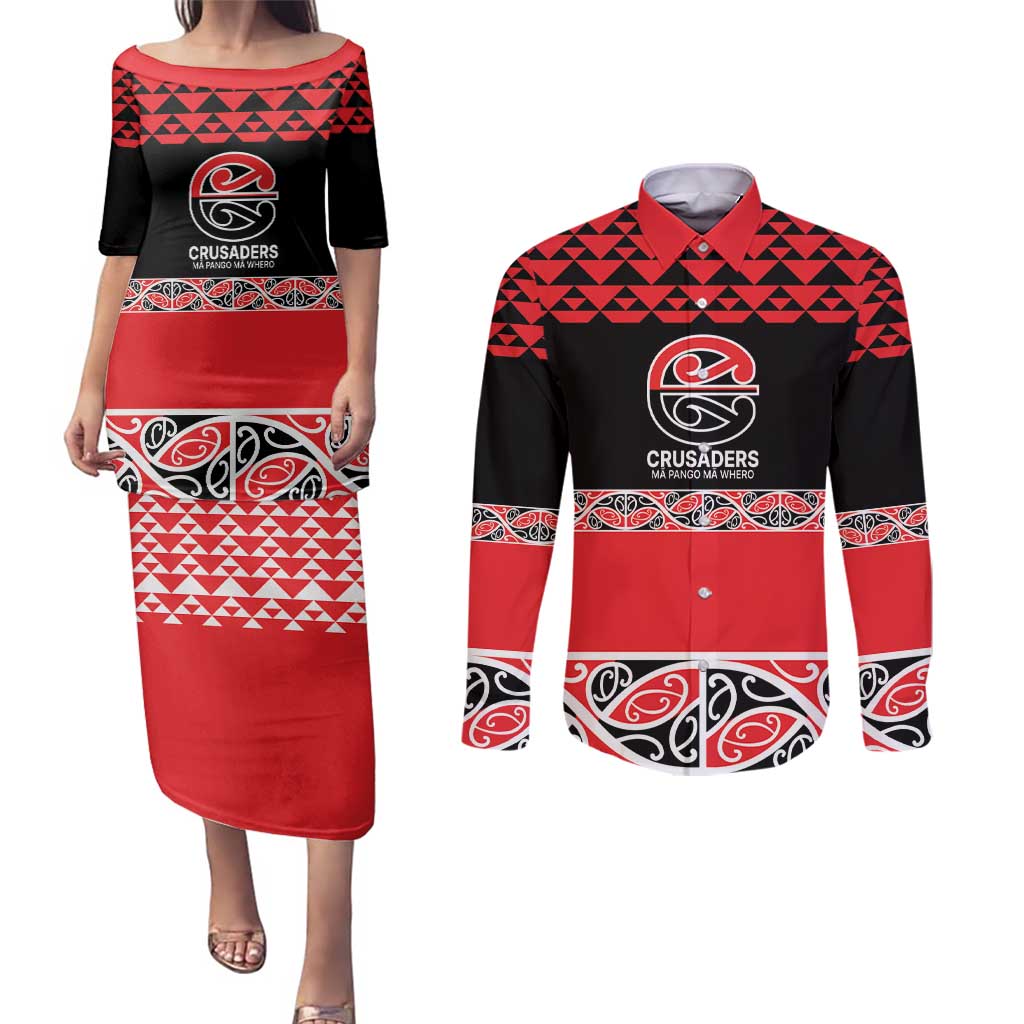 New Zealand Rugby Pacific Custom Couples Matching Puletasi and Long Sleeve Button Shirt Whatumoana Maori Kowhaiwhai Pattern