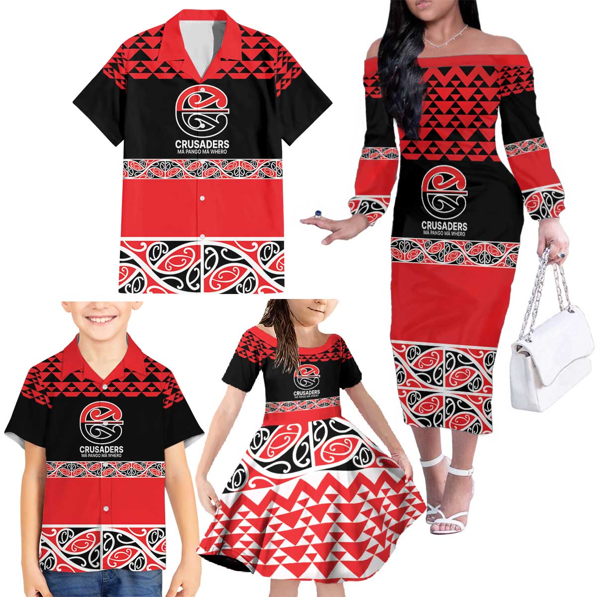 New Zealand Rugby Pacific Custom Family Matching Off The Shoulder Long Sleeve Dress and Hawaiian Shirt Whatumoana Maori Kowhaiwhai Pattern