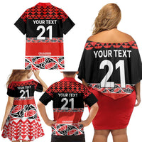 New Zealand Rugby Pacific Custom Family Matching Off Shoulder Short Dress and Hawaiian Shirt Whatumoana Maori Kowhaiwhai Pattern