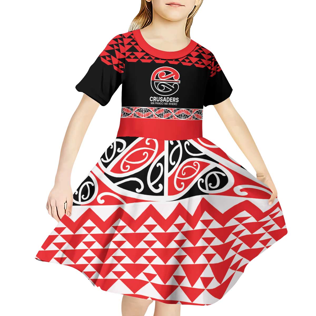 New Zealand Rugby Pacific Custom Kid Short Sleeve Dress Whatumoana Maori Kowhaiwhai Pattern LT9 - Polynesian Pride
