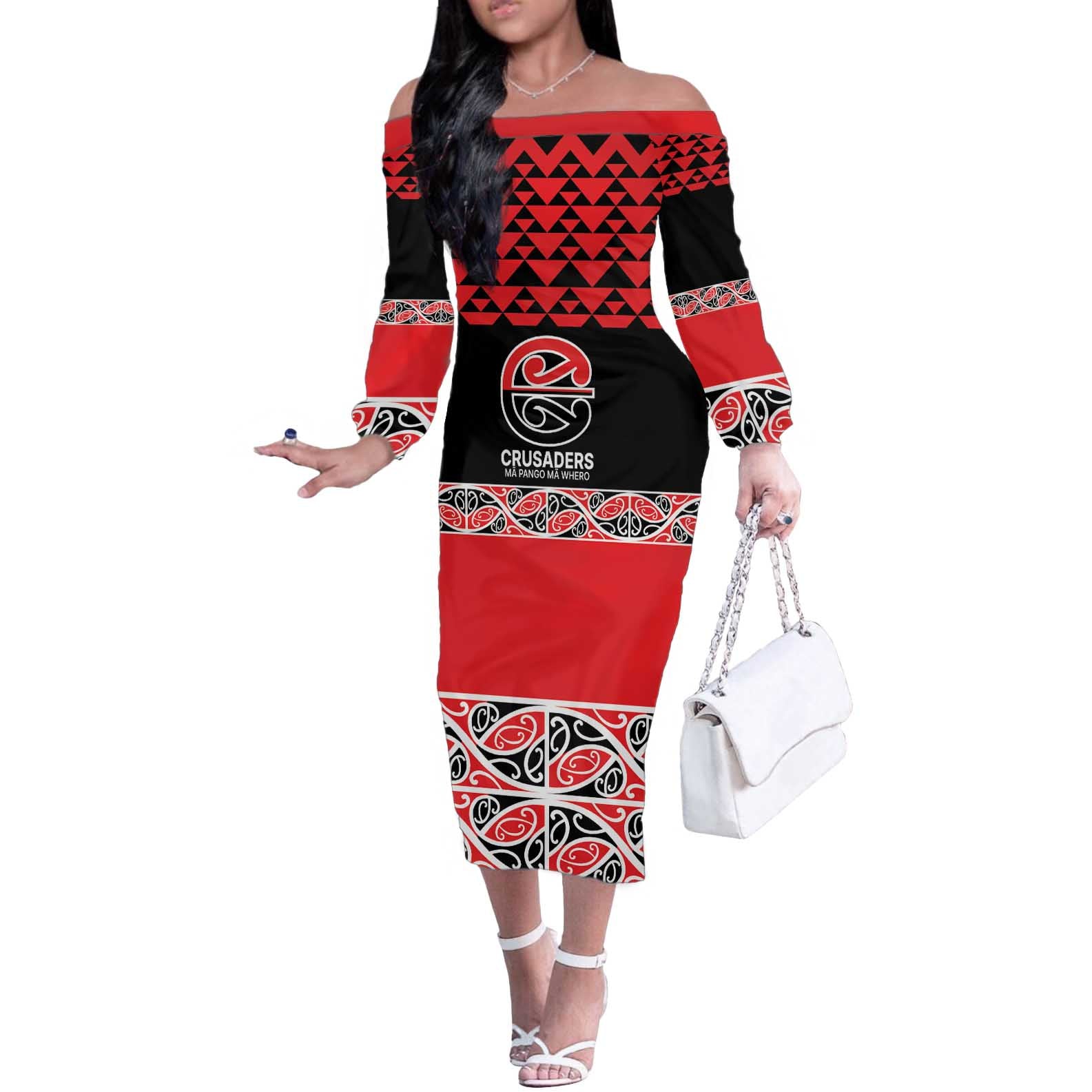 New Zealand Rugby Pacific Custom Off The Shoulder Long Sleeve Dress Whatumoana Maori Kowhaiwhai Pattern