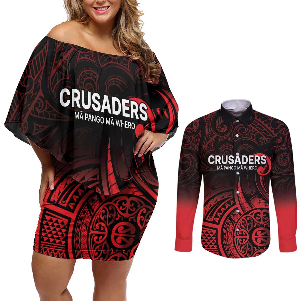 New Zealand Rugby Pacific Custom Couples Matching Off Shoulder Short Dress and Long Sleeve Button Shirt Whatumoana Maori Tribal Tattoo