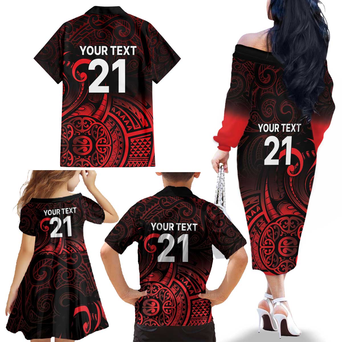 New Zealand Rugby Pacific Custom Family Matching Off The Shoulder Long Sleeve Dress and Hawaiian Shirt Whatumoana Maori Tribal Tattoo