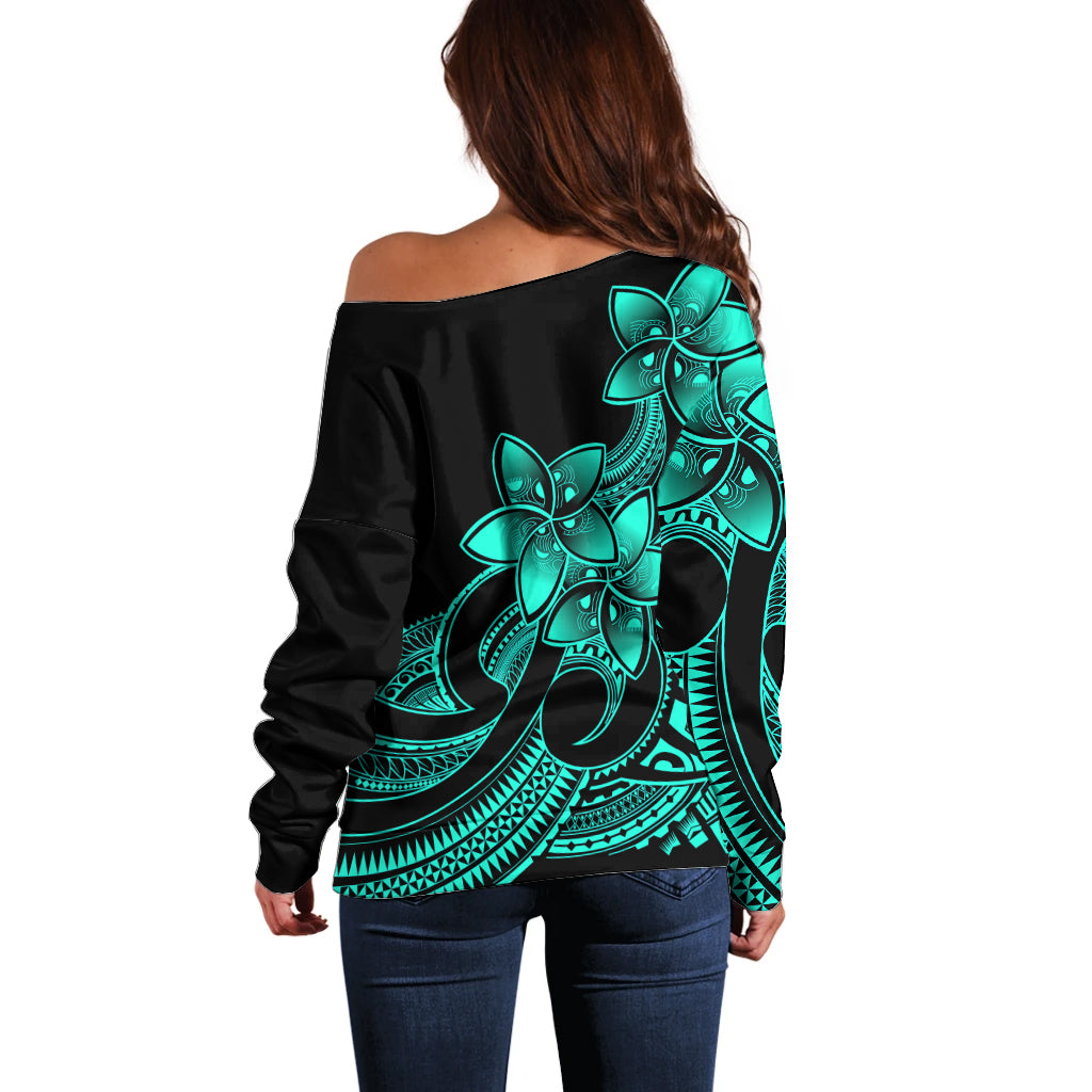 Polynesian Pride Plumeria Flowers Off Shoulder Sweater Polynesian Tribal Aqua Vibe LT9 - Polynesian Pride