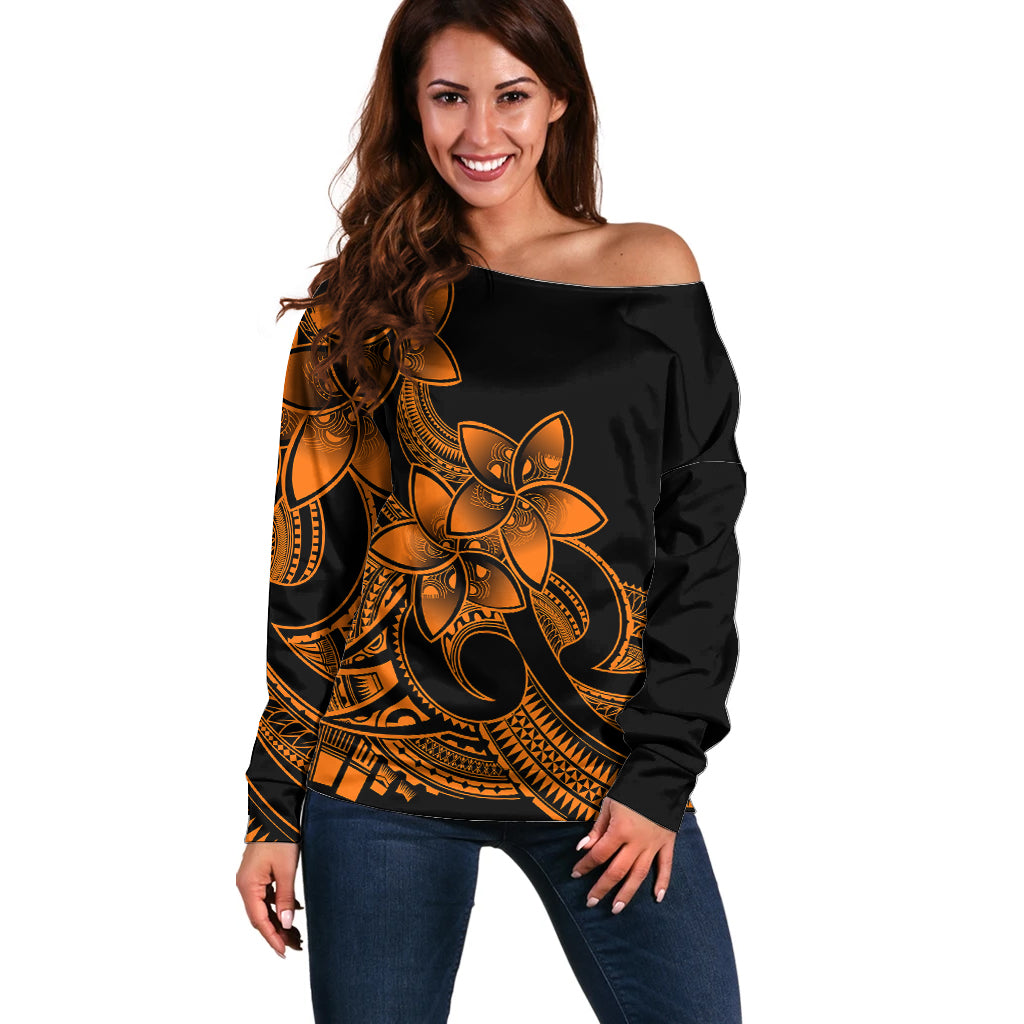 Polynesian Pride Plumeria Flowers Off Shoulder Sweater Polynesian Tribal Gold Vibe LT9 Women Gold - Polynesian Pride