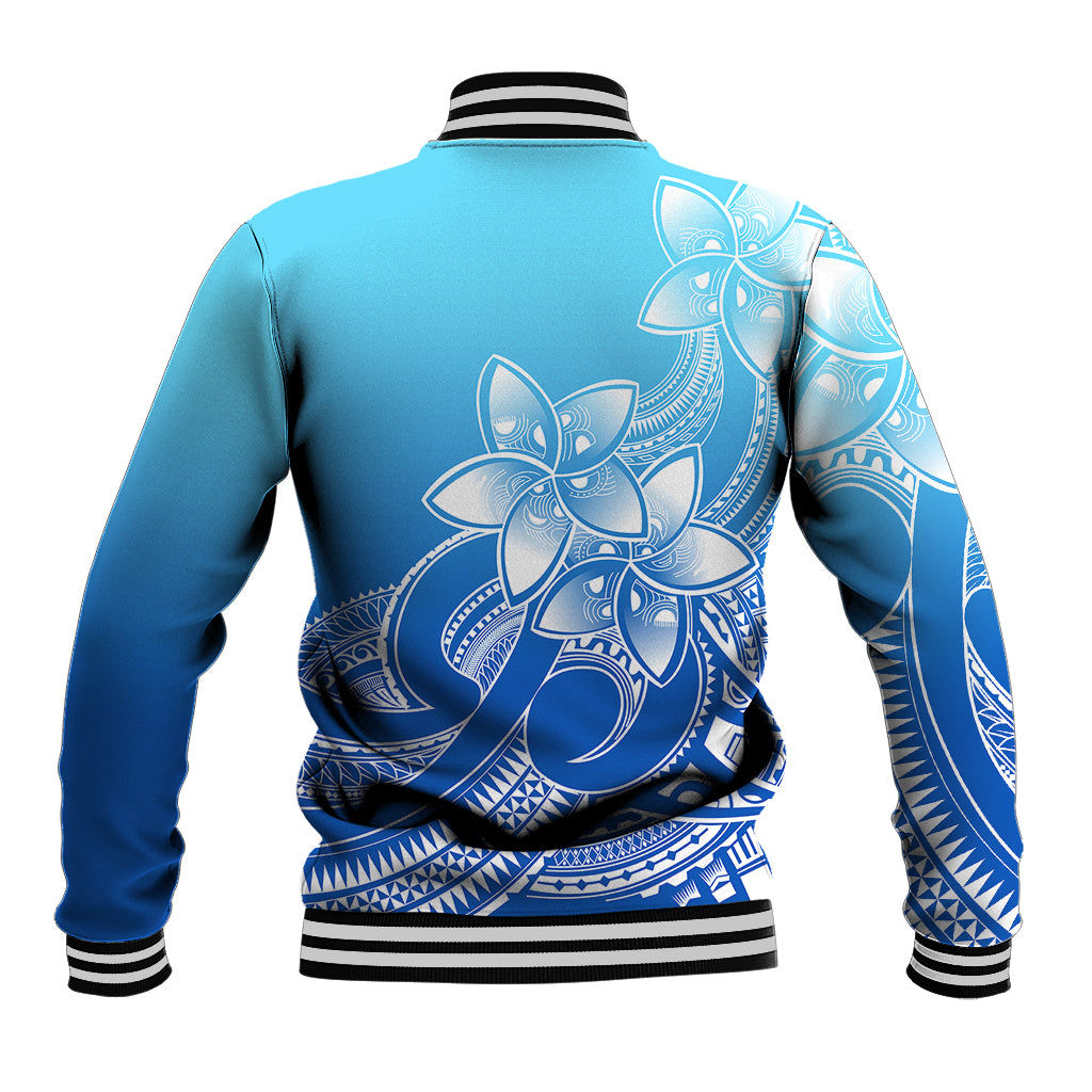 Polynesian Pride Plumeria Flowers Baseball Jacket Polynesian Tribal Gradient Blue LT9 - Polynesian Pride