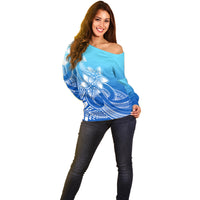 Polynesian Pride Plumeria Flowers Off Shoulder Sweater Polynesian Tribal Gradient Blue LT9 - Polynesian Pride