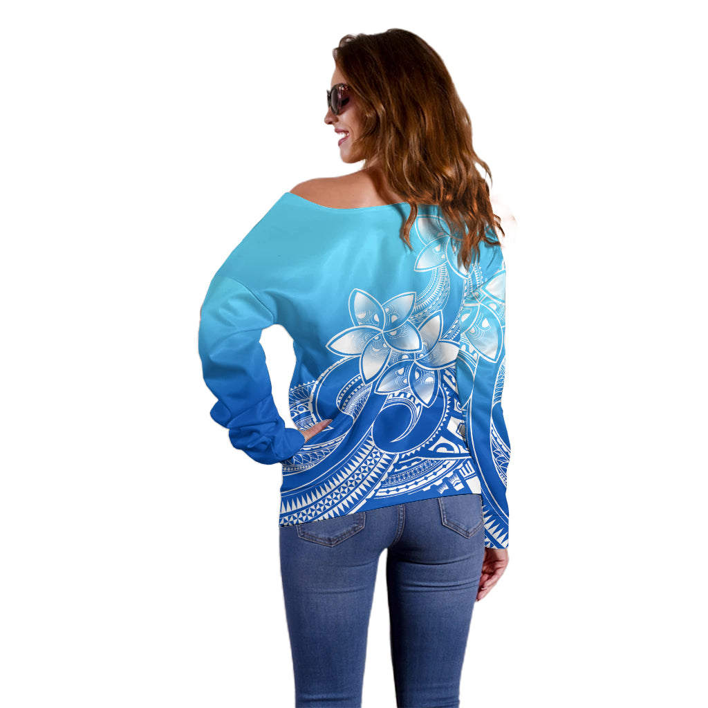 Polynesian Pride Plumeria Flowers Off Shoulder Sweater Polynesian Tribal Gradient Blue LT9 - Polynesian Pride