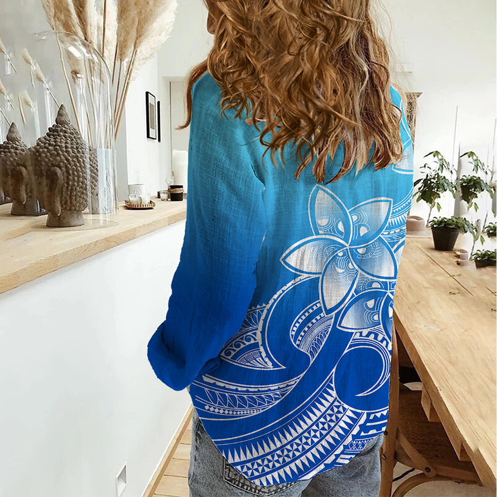 Polynesian Pride Plumeria Flowers Women Casual Shirt Polynesian Tribal Gradient Blue LT9 - Polynesian Pride