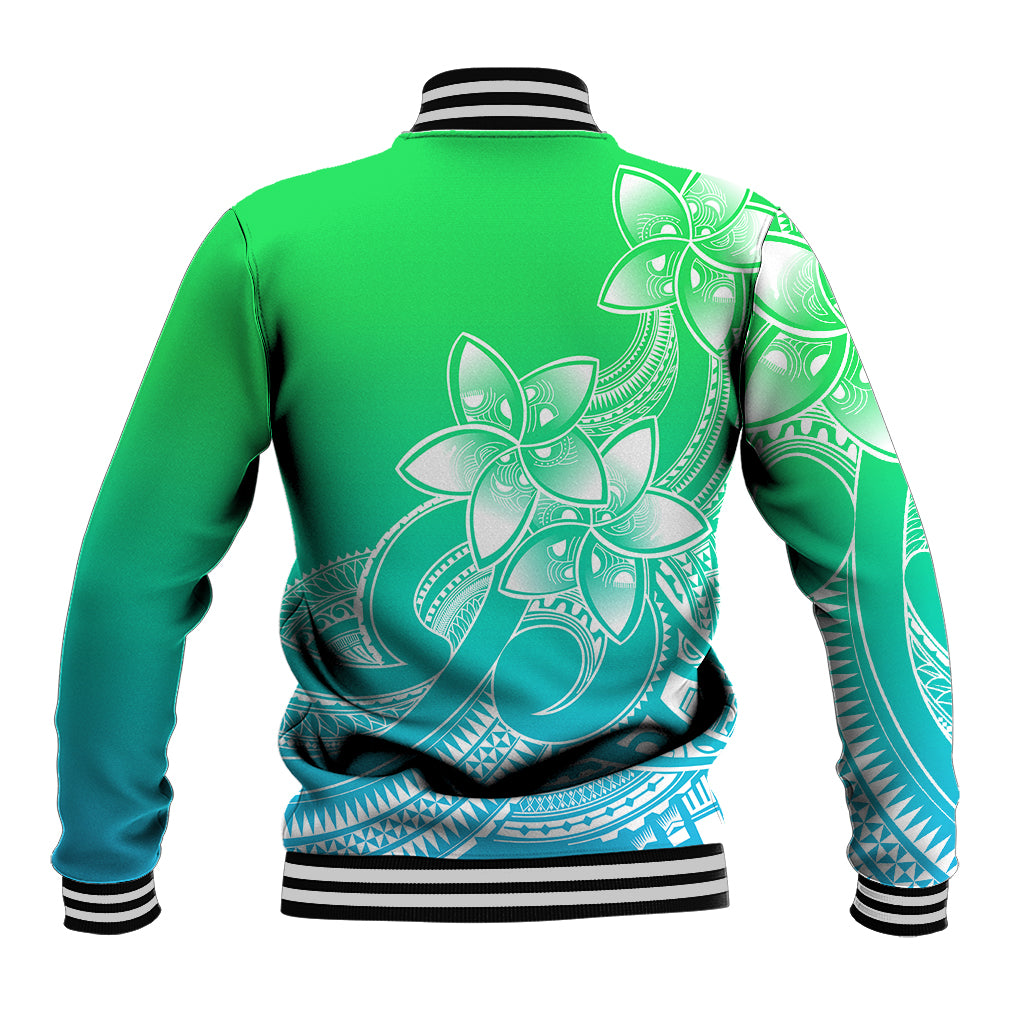 Polynesian Pride Plumeria Flowers Baseball Jacket Polynesian Tribal Gradient Green LT9 - Polynesian Pride