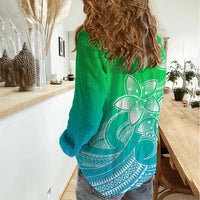 Polynesian Pride Plumeria Flowers Women Casual Shirt Polynesian Tribal Gradient Green LT9 - Polynesian Pride