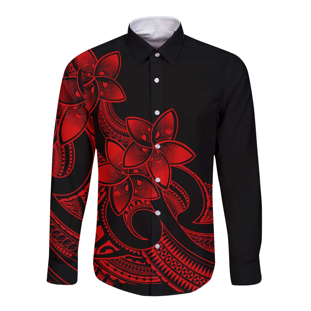 Polynesian Matching Outfit For Family Plumeria Flowers Long Dress Hawaiian Shirt Polynesian Tribal Red Vibe LT9 Dad's Shirt - Long Sleeve - Polynesian Pride