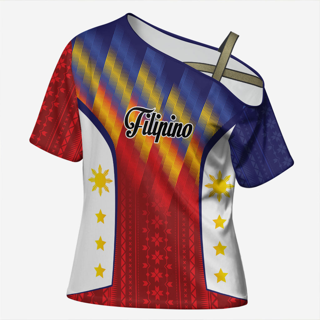 Personalized Philippines Eight Rays Sun Cross Shoulder Shirt Traditional Filipino Igorot Pattern Motif LT9 Female Red - Polynesian Pride