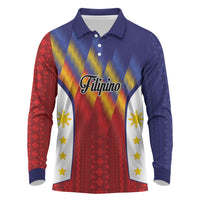 Personalized Philippines Eight Rays Sun Long Sleeve Polo Shirt Traditional Filipino Igorot Pattern Motif LT9 Red - Polynesian Pride