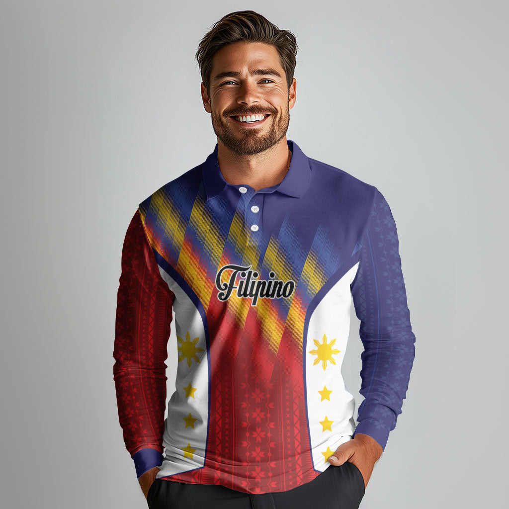 Personalized Philippines Eight Rays Sun Long Sleeve Polo Shirt Traditional Filipino Igorot Pattern Motif LT9 - Polynesian Pride