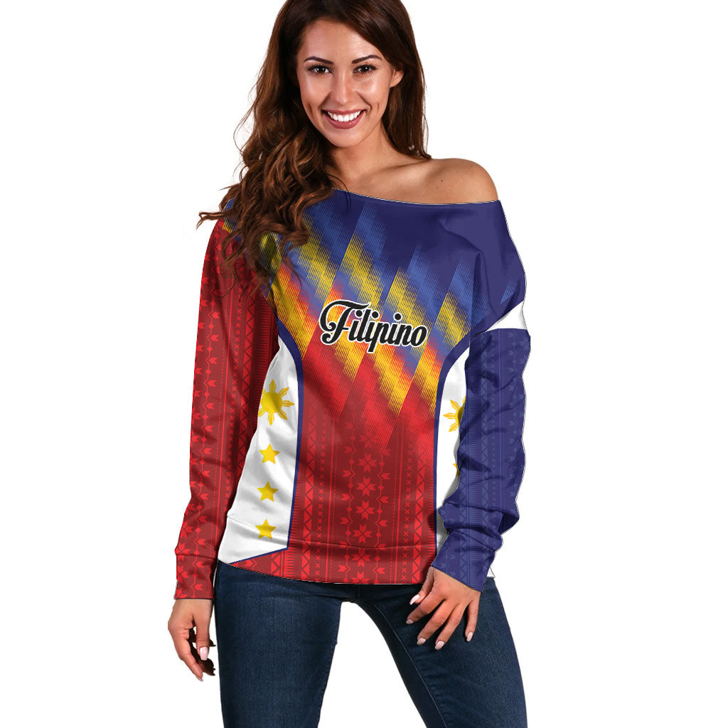 Personalized Philippines Eight Rays Sun Off Shoulder Sweater Traditional Filipino Igorot Pattern Motif LT9 Women Red - Polynesian Pride