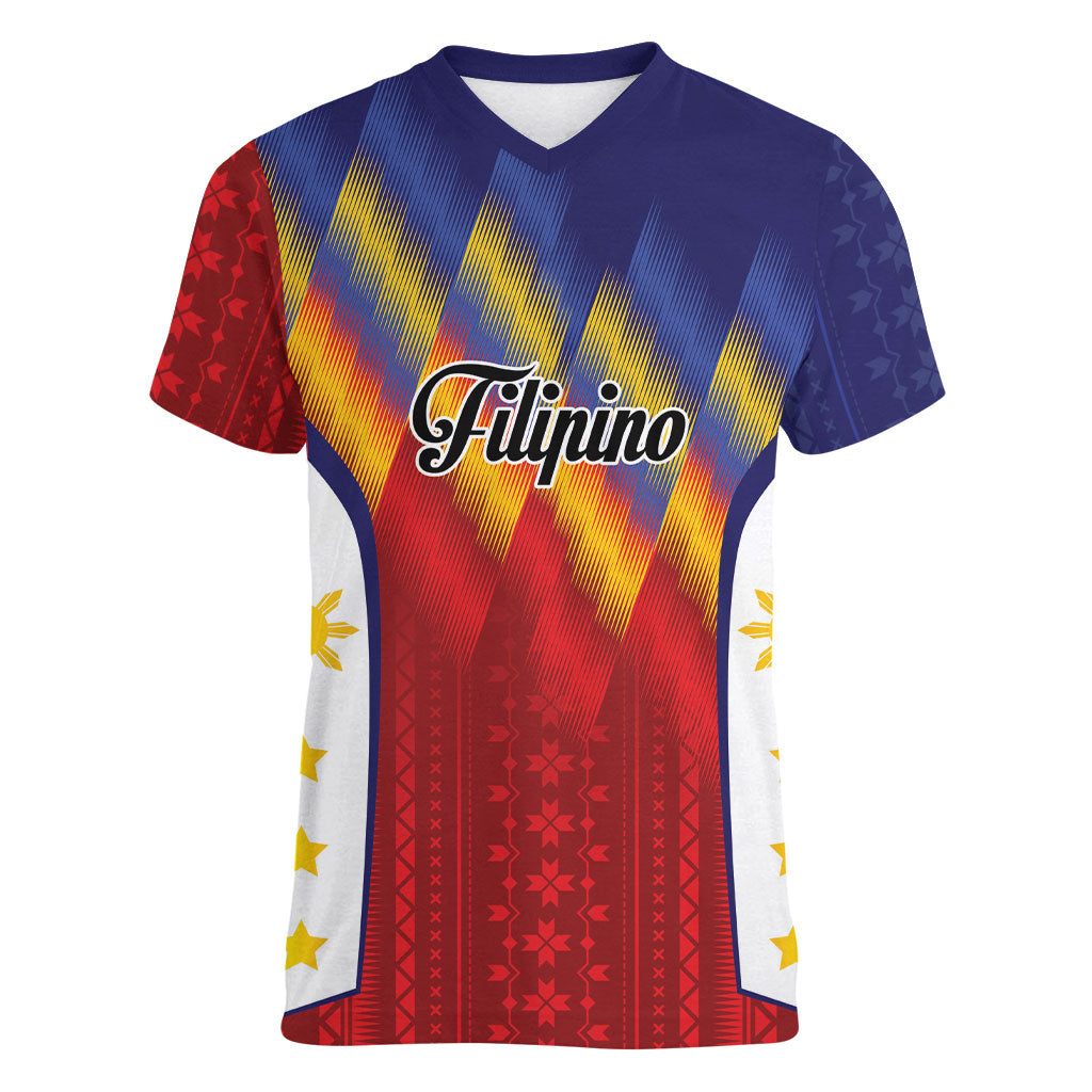 Personalized Philippines Eight Rays Sun Women V-Neck T-Shirt Traditional Filipino Igorot Pattern Motif LT9 Female Red - Polynesian Pride