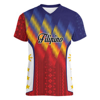 Personalized Philippines Eight Rays Sun Women V-Neck T-Shirt Traditional Filipino Igorot Pattern Motif LT9 Female Red - Polynesian Pride