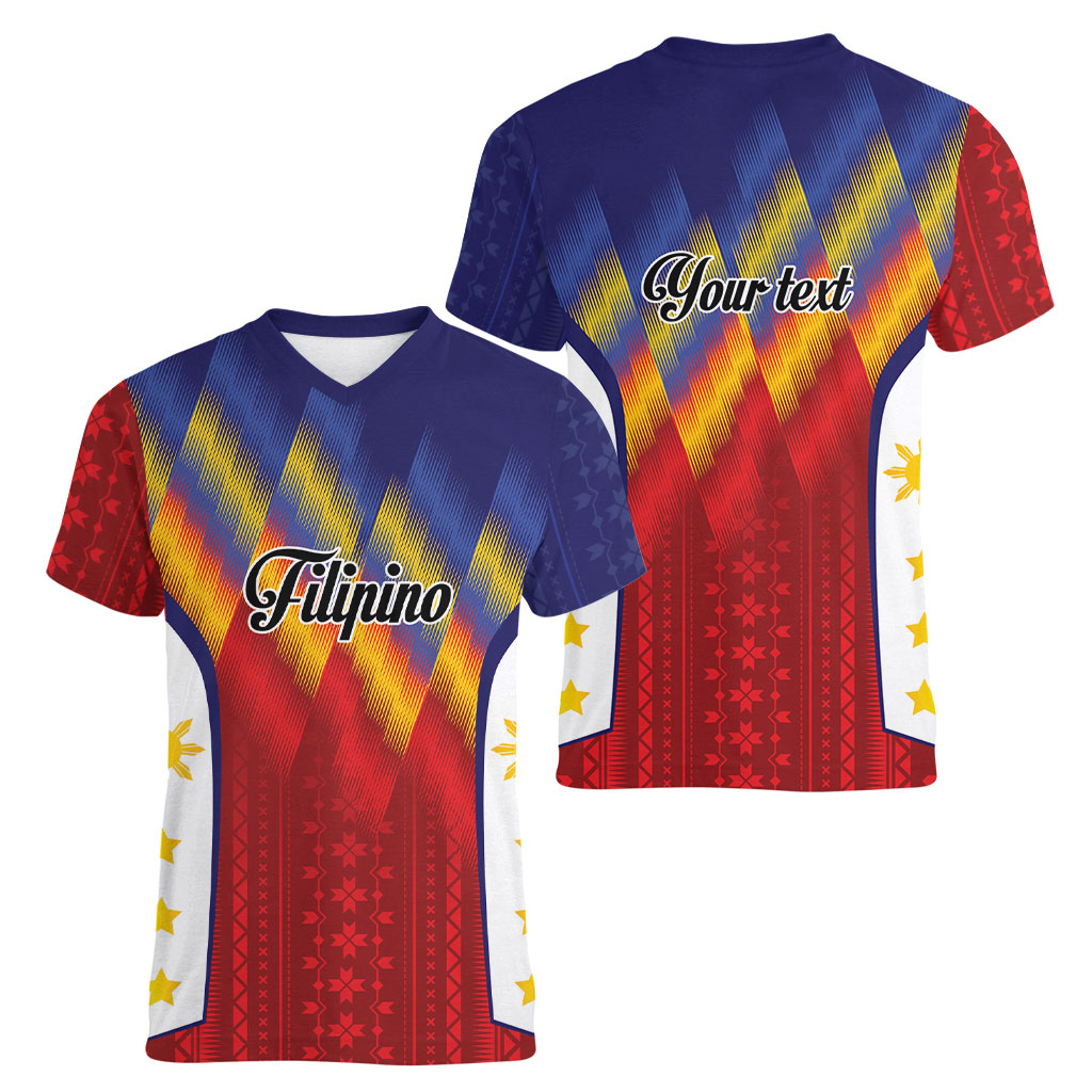 Personalized Philippines Eight Rays Sun Women V-Neck T-Shirt Traditional Filipino Igorot Pattern Motif LT9 - Polynesian Pride
