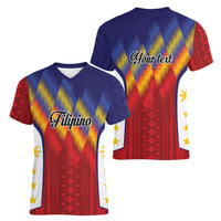 Personalized Philippines Eight Rays Sun Women V-Neck T-Shirt Traditional Filipino Igorot Pattern Motif LT9 - Polynesian Pride