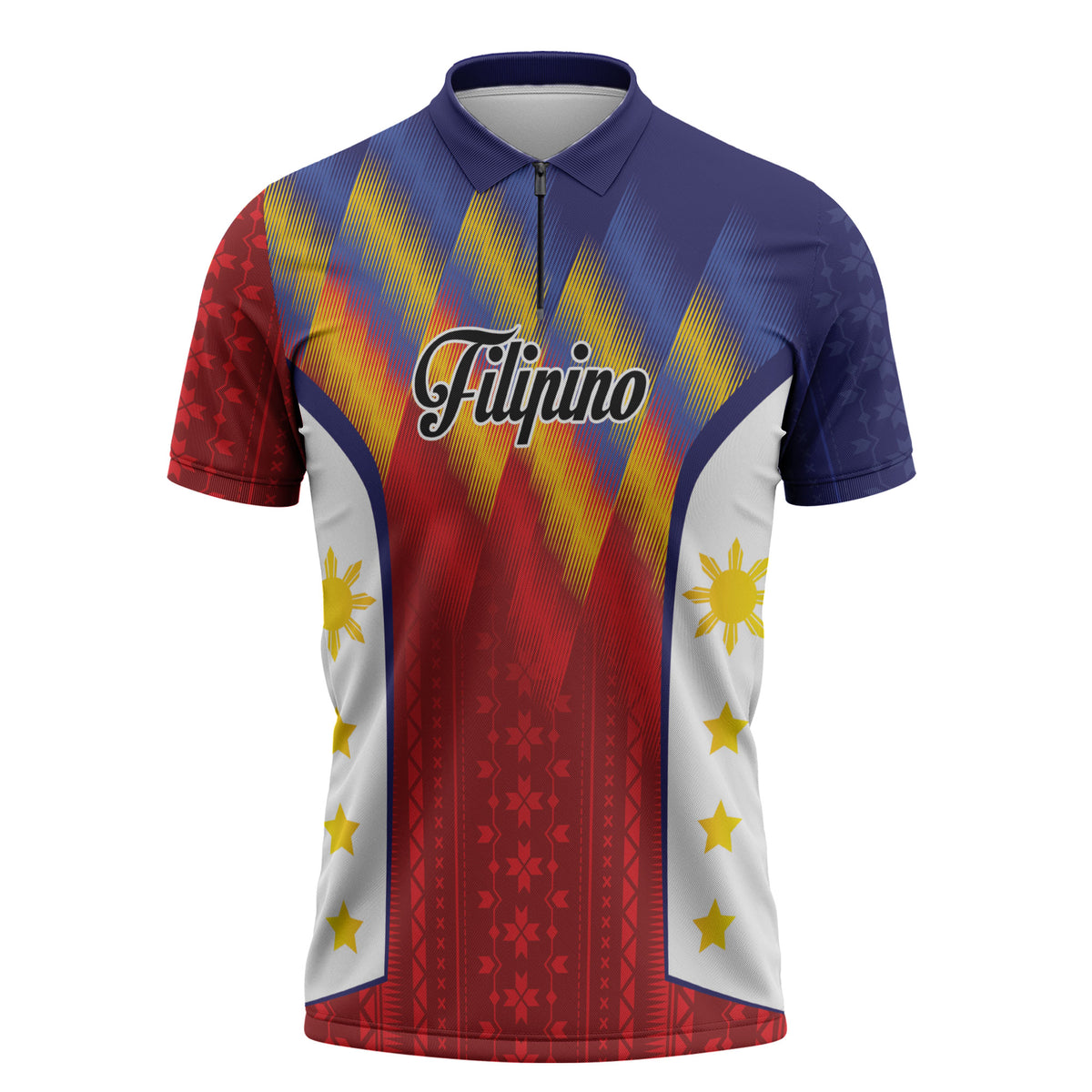 Personalized Philippines Eight Rays Sun Zipper Polo Shirt Traditional Filipino Igorot Pattern Motif LT9 Red - Polynesian Pride