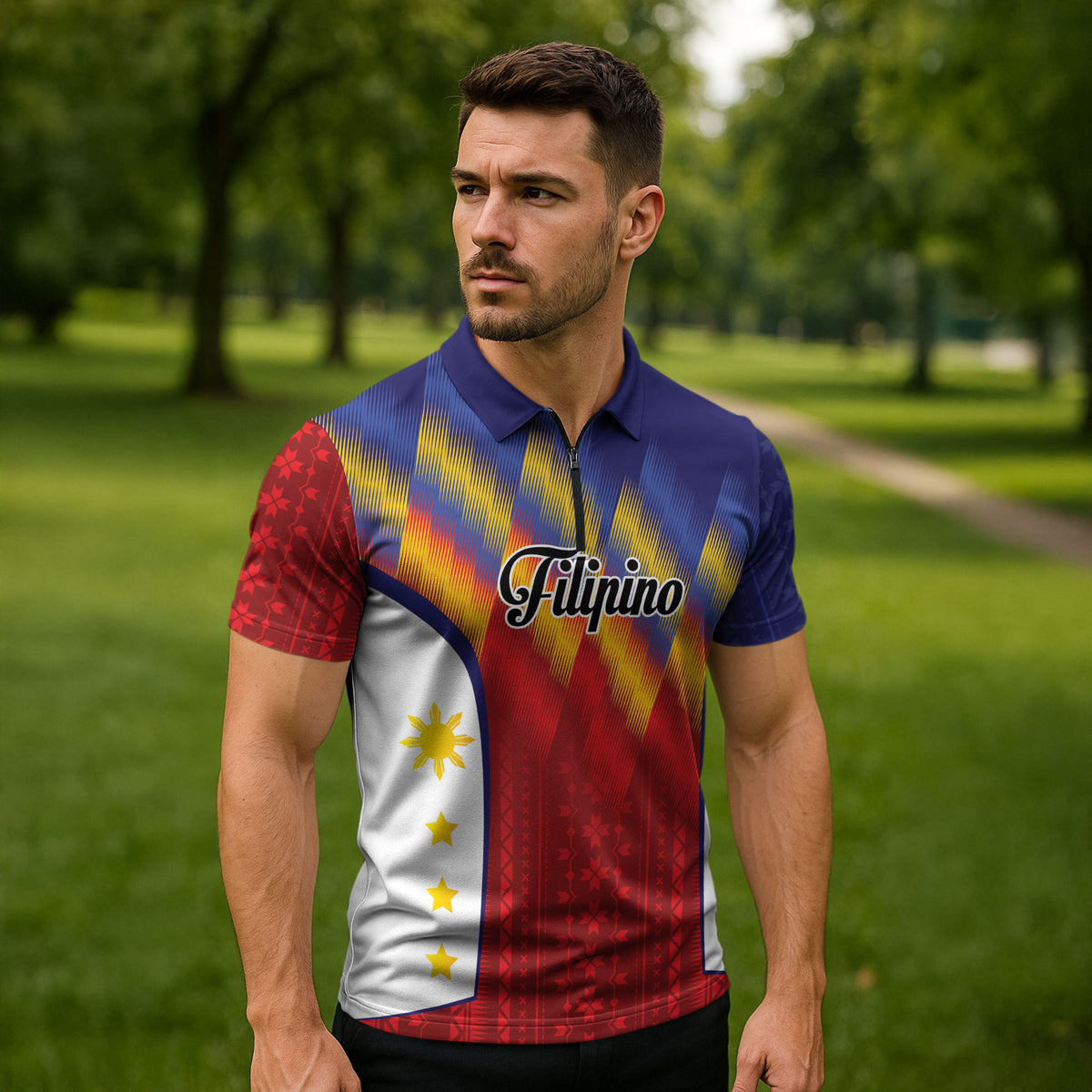 Personalized Philippines Eight Rays Sun Zipper Polo Shirt Traditional Filipino Igorot Pattern Motif LT9 - Polynesian Pride