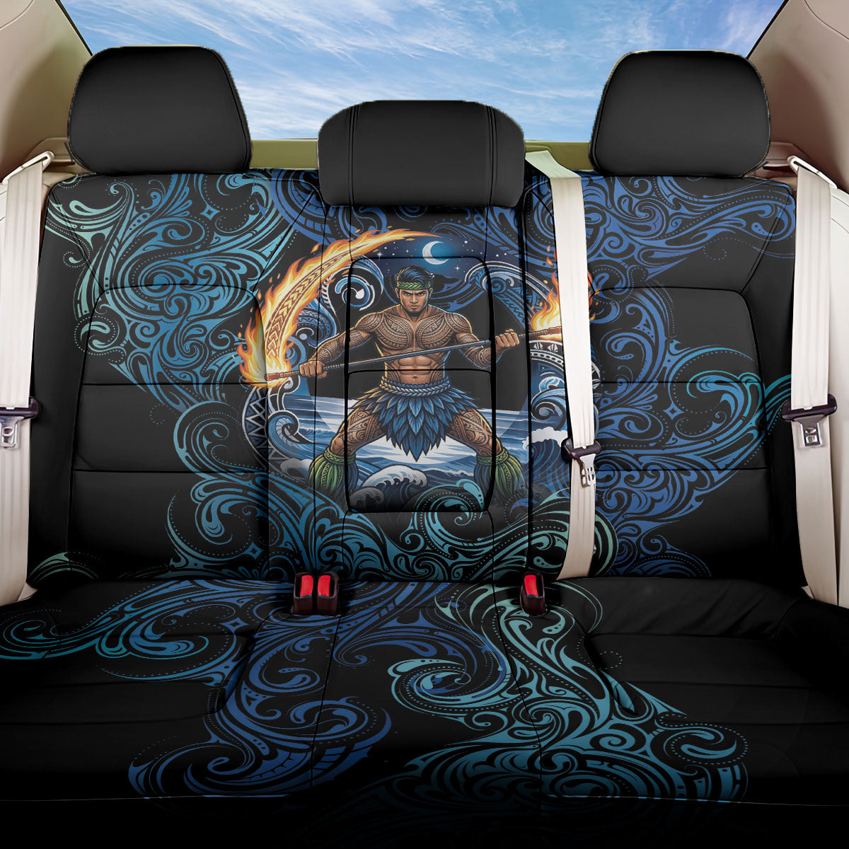 Samoa Siva Afi Back Car Seat Cover Fireknife Fire Dance Pacific Tribal Motif LT9 One Size Blue - Polynesian Pride