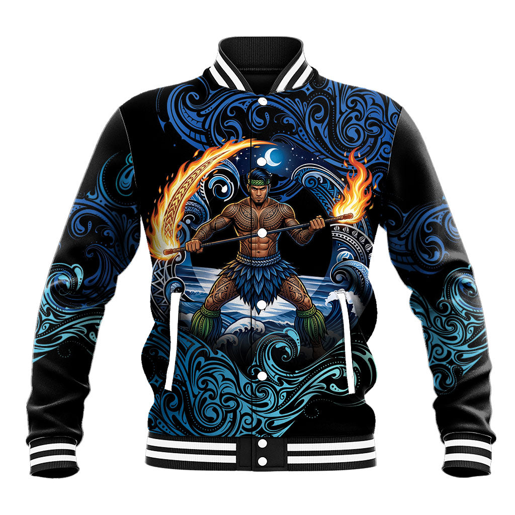 Samoa Siva Afi Baseball Jacket Fireknife Fire Dance Pacific Tribal Motif LT9 Unisex Blue - Polynesian Pride