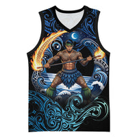 Samoa Siva Afi Basketball Jersey Fireknife Fire Dance Pacific Tribal Motif LT9 Unisex Blue - Polynesian Pride