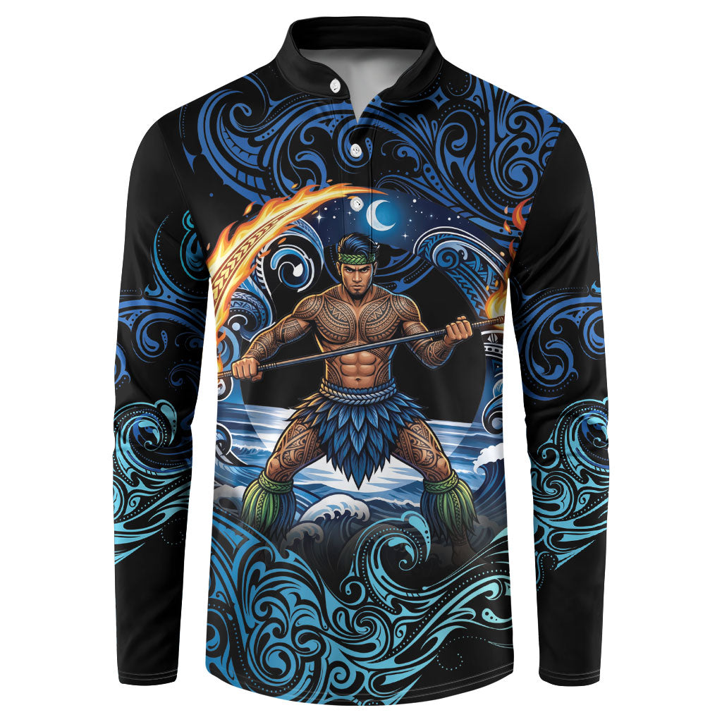 Samoa Siva Afi Button Sweatshirt Fireknife Fire Dance Pacific Tribal Motif LT9 Blue - Polynesian Pride