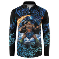 Samoa Siva Afi Button Sweatshirt Fireknife Fire Dance Pacific Tribal Motif LT9 Blue - Polynesian Pride
