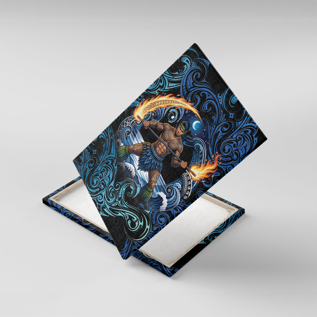Samoa Siva Afi Canvas Wall Art Fireknife Fire Dance Pacific Tribal Motif LT9 With Frame Blue - Polynesian Pride