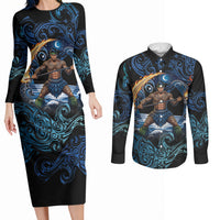 Samoa Siva Afi Couples Matching Long Sleeve Bodycon Dress and Long Sleeve Button Shirt Fireknife Fire Dance Pacific Tribal Motif LT9 Blue - Polynesian Pride