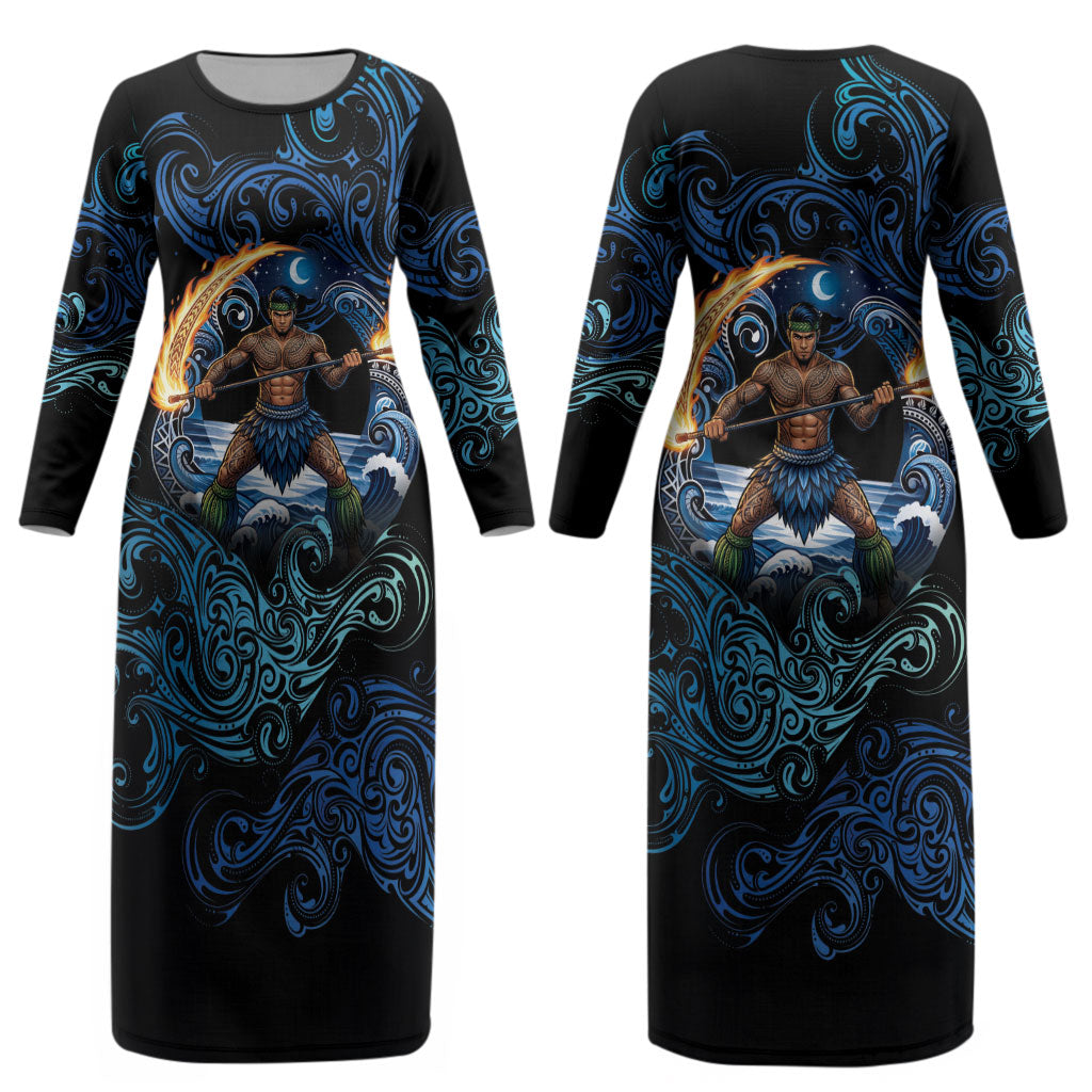 Samoa Siva Afi Couples Matching Long Sleeve Bodycon Dress and Long Sleeve Button Shirt Fireknife Fire Dance Pacific Tribal Motif LT9 - Polynesian Pride