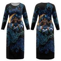 Samoa Siva Afi Couples Matching Long Sleeve Bodycon Dress and Long Sleeve Button Shirt Fireknife Fire Dance Pacific Tribal Motif LT9 - Polynesian Pride
