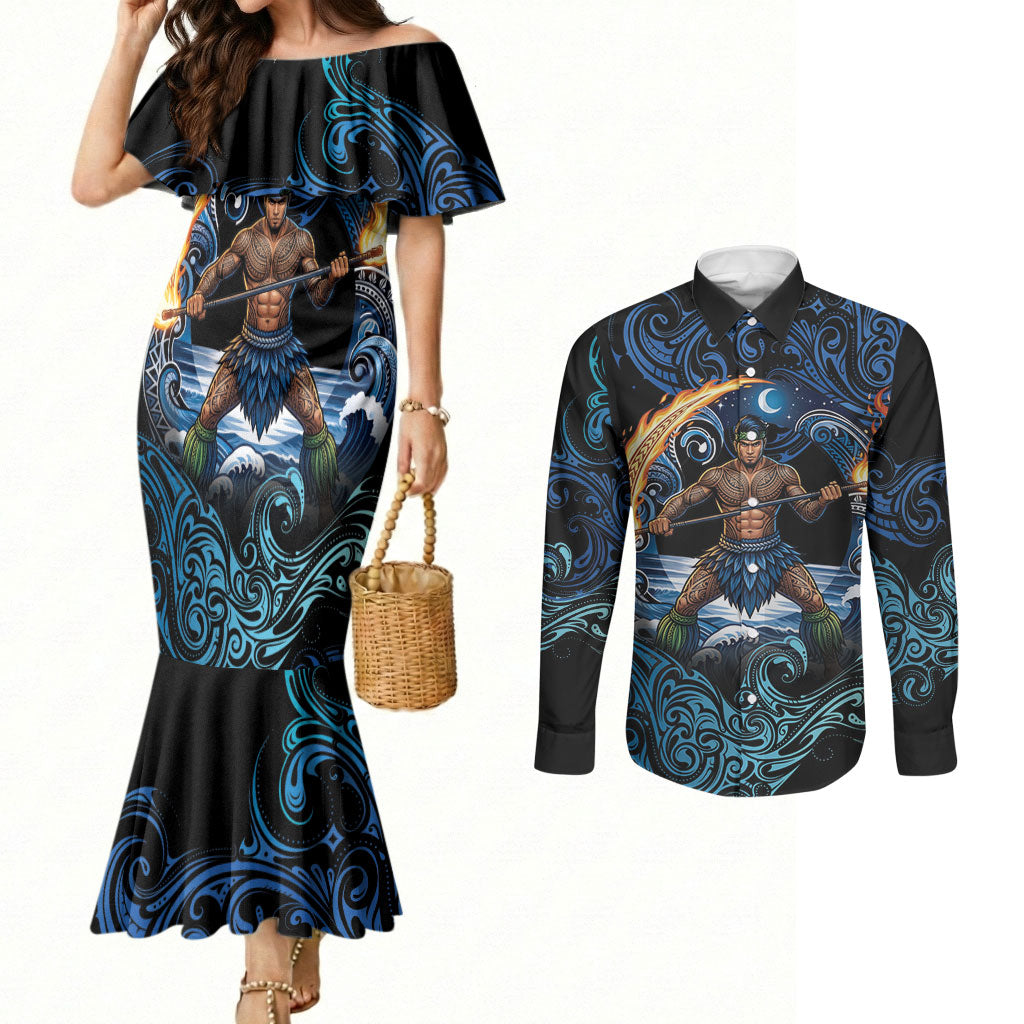 Samoa Siva Afi Couples Matching Mermaid Dress and Long Sleeve Button Shirt Fireknife Fire Dance Pacific Tribal Motif LT9 Blue - Polynesian Pride
